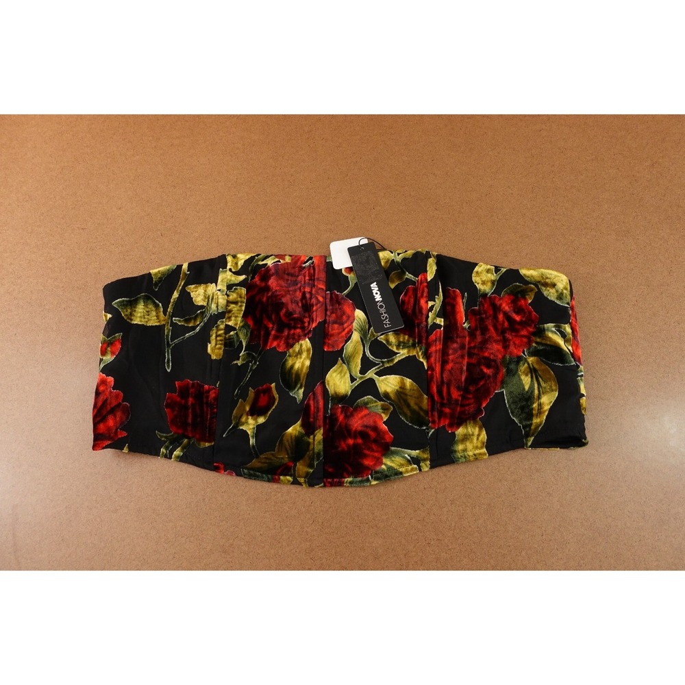 Fashion Nova Womens 1X Black Red Floral Velvet Strapless Cropped Top NWT